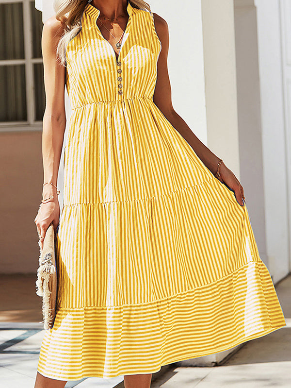 New Striped V-Neck Elastic Waist Dress