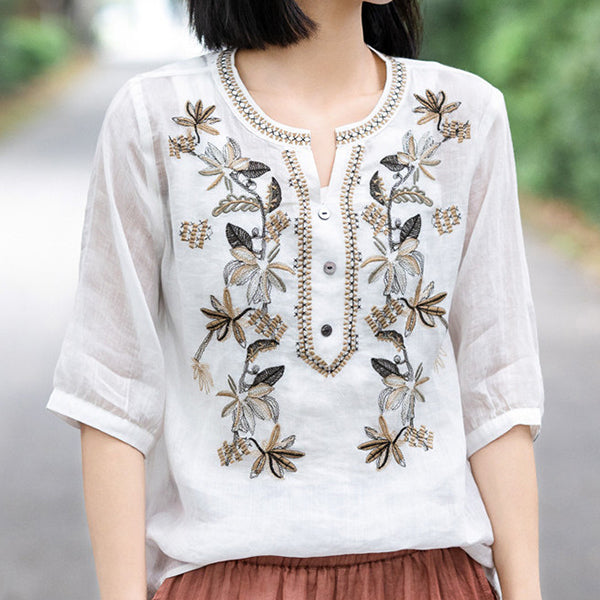 Vintage Embroidered V-Neck Top