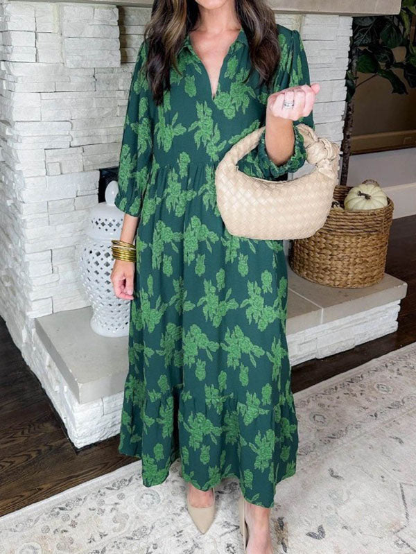 New V-Neck Floral Print Long Dress