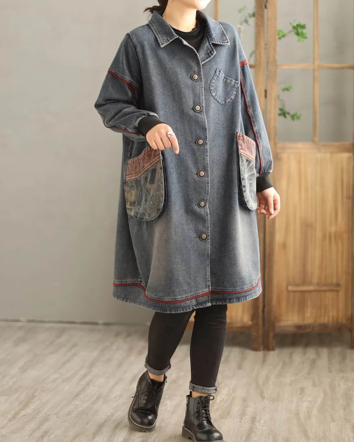 V-Neck Denim Trench Coat