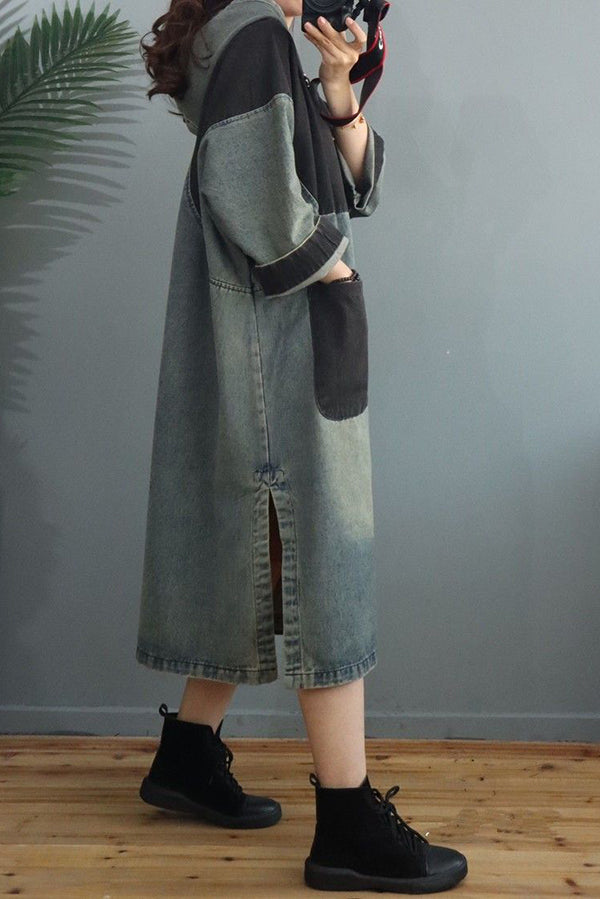 Color Block Denim Hooded Dress