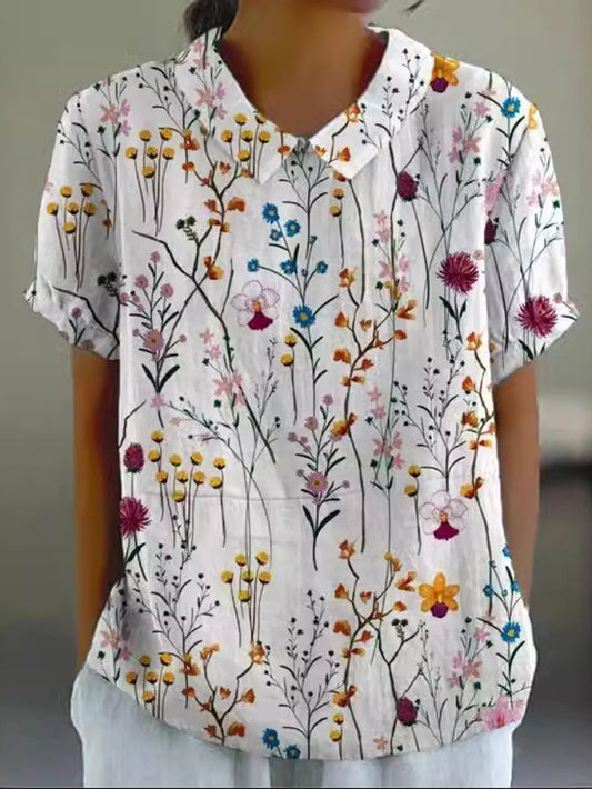 Assorted Floral Lapel Women's Cotton and Linen Top