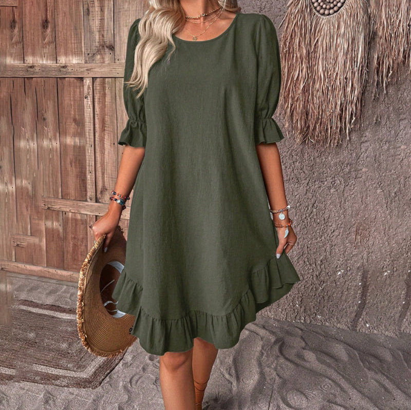 Elegant Round Neck Solid Color Dress