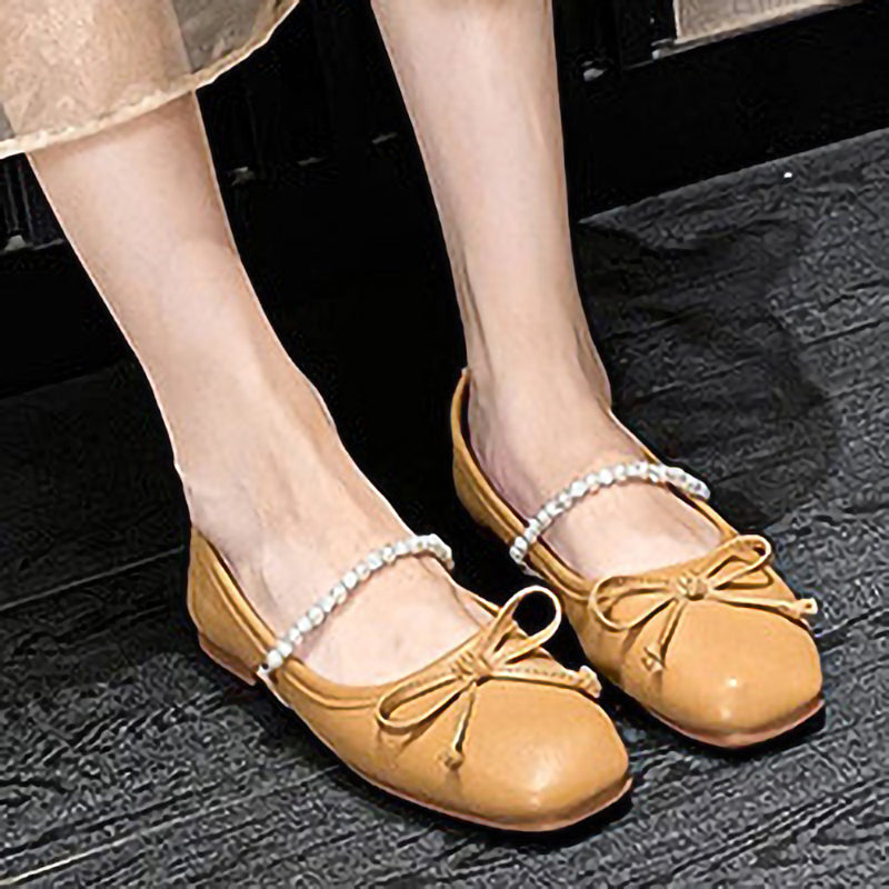 Square Toe Bow Pearl Rhinestone Chain Slip-On Shoes