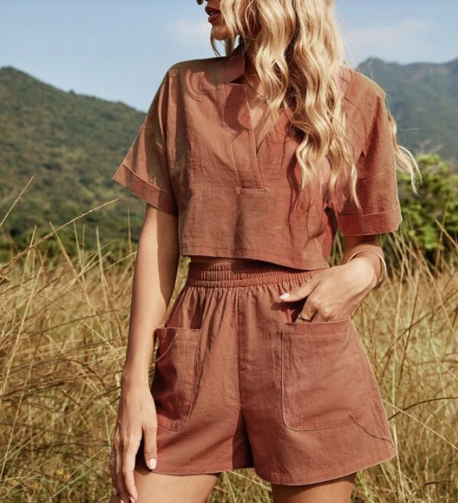 V-neck Solid Color Drop Shoulder Suit