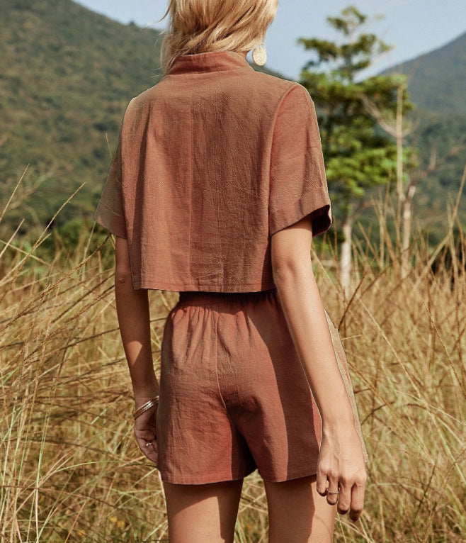 V-neck Solid Color Drop Shoulder Suit