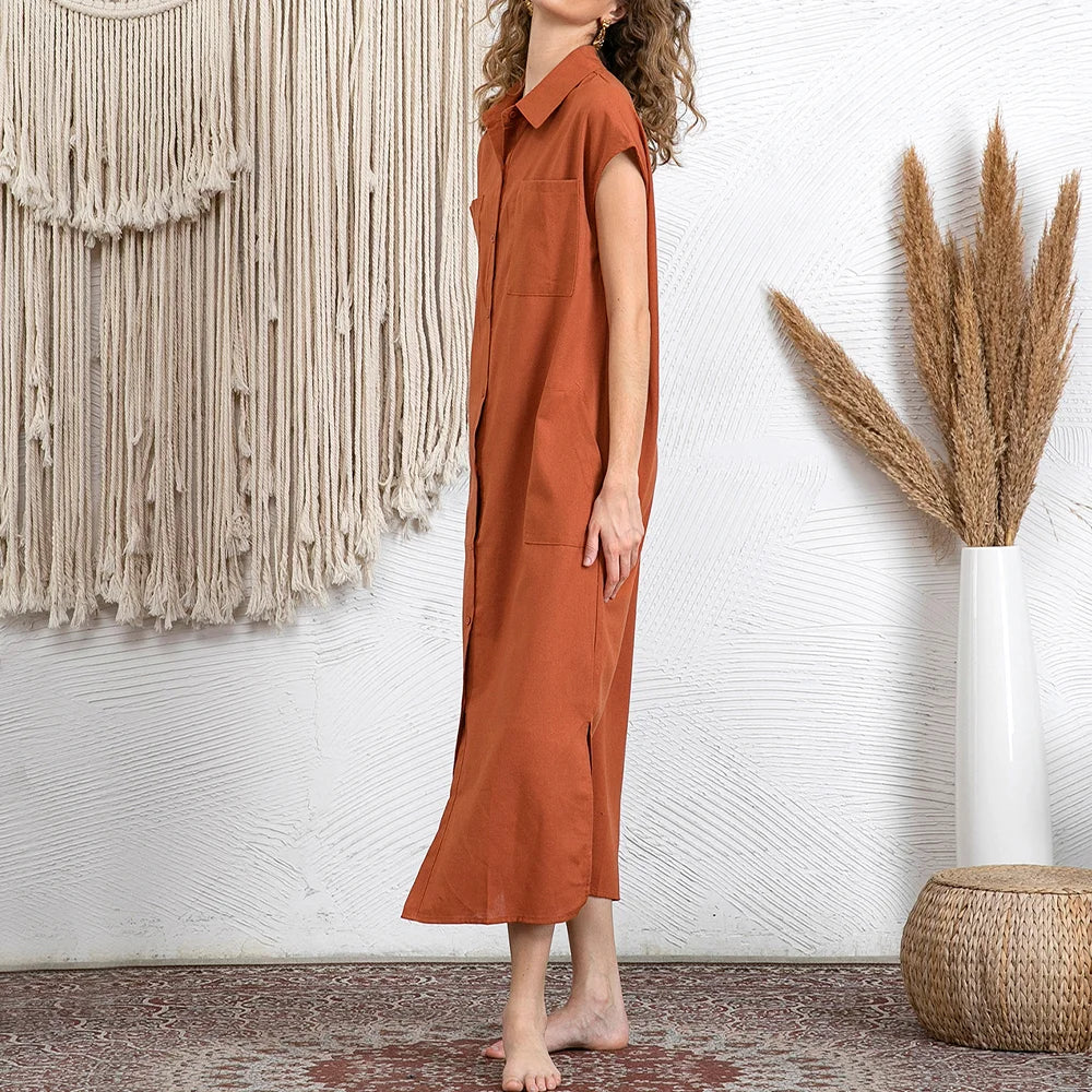 Casual Lapel Pocket Solid Color Split Shirt Dress