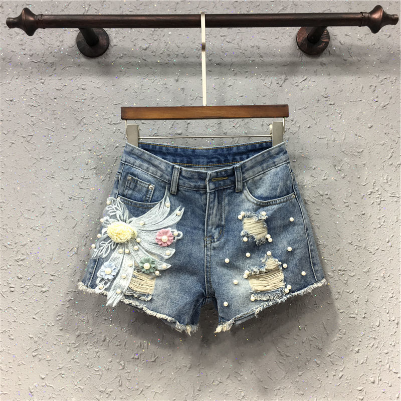 Kick It Pearls Beaded Detail Ripped Raw Hem Denim Shorts