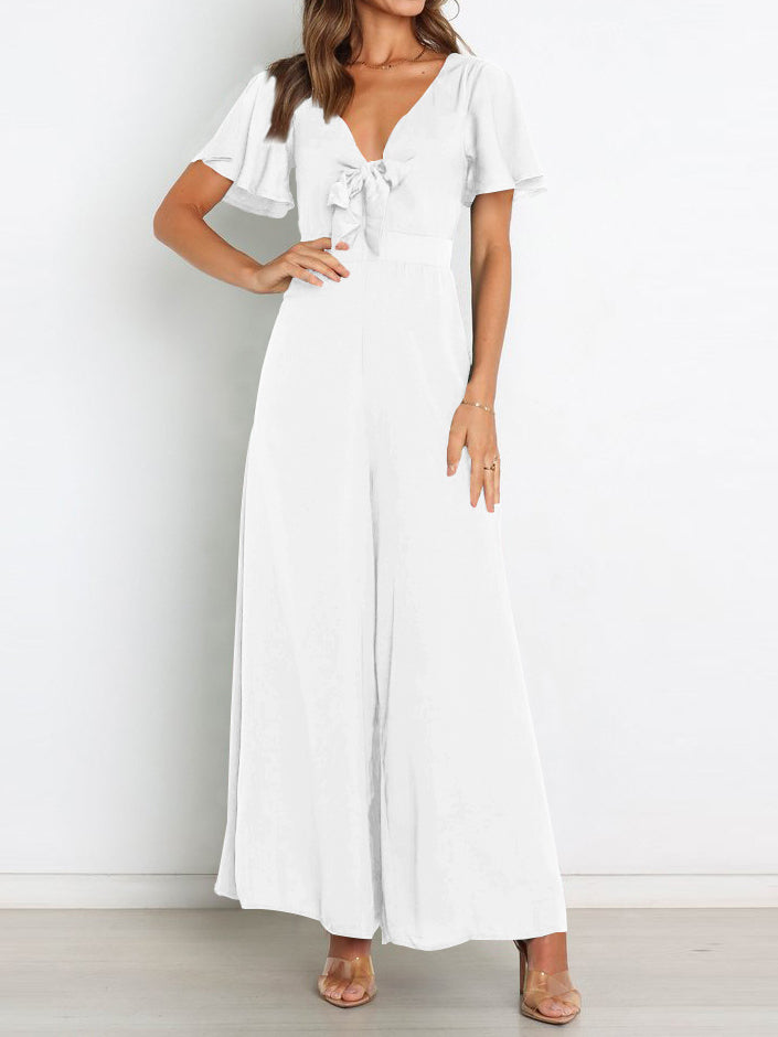 Fashion Plain Ruffle Sleeve Jumpsuit