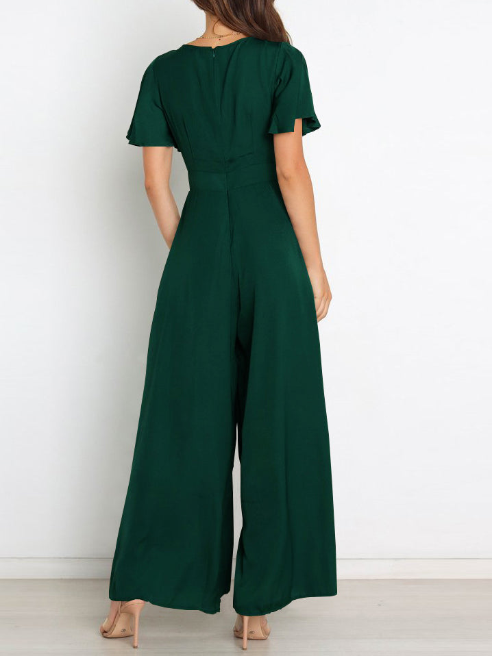 Fashion Plain Ruffle Sleeve Jumpsuit