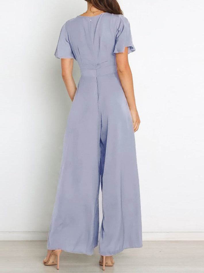 Fashion Plain Ruffle Sleeve Jumpsuit