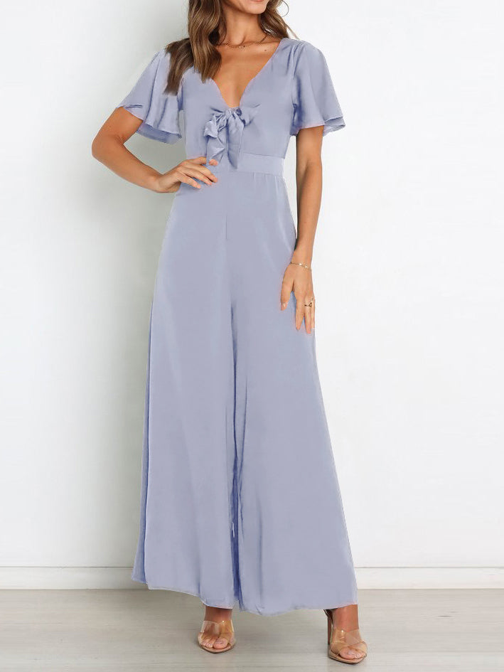 Fashion Plain Ruffle Sleeve Jumpsuit