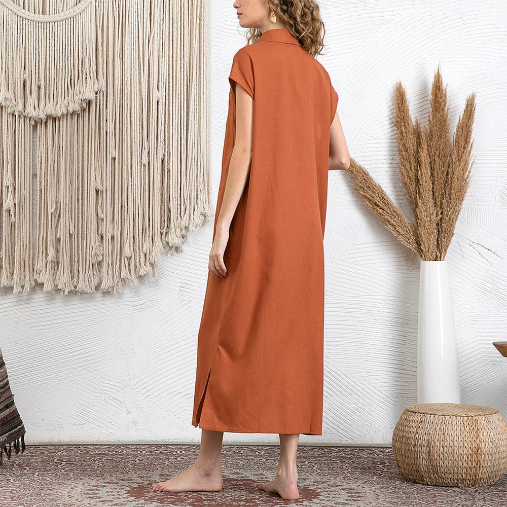 Casual Lapel Pocket Solid Color Split Shirt Dress