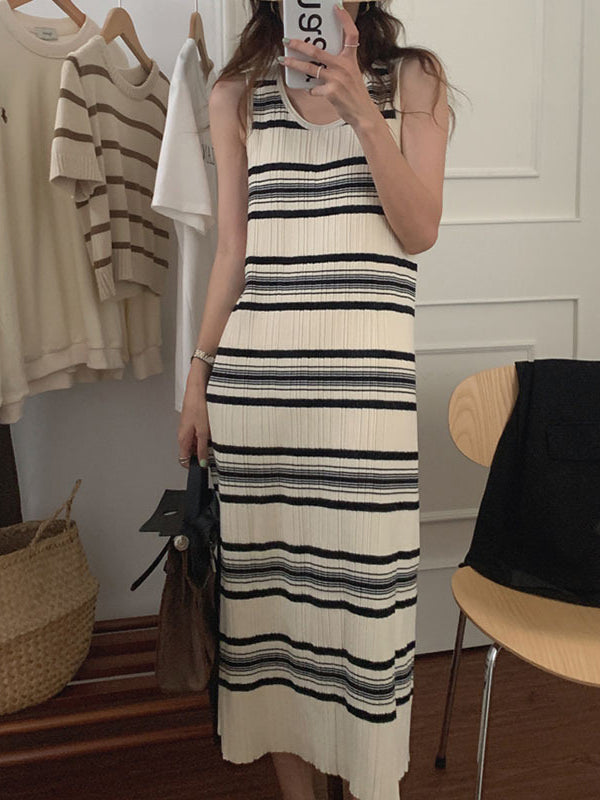 New Crew Neck Striped Sleeveless Dress