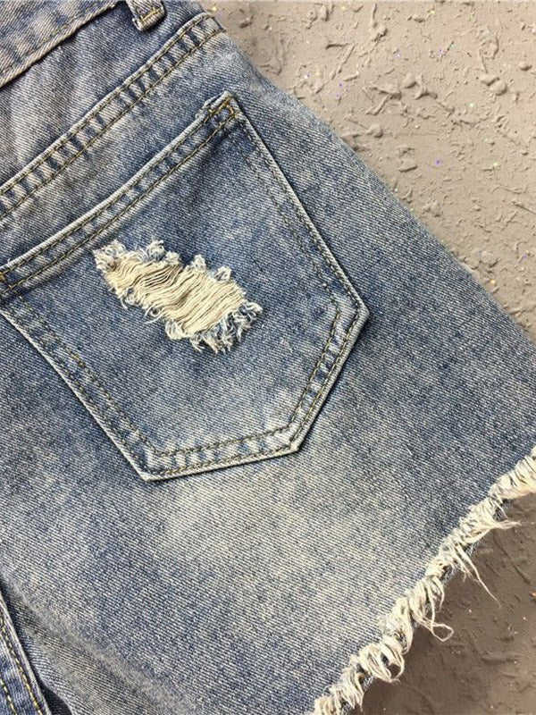 Kick It Pearls Beaded Detail Ripped Raw Hem Denim Shorts