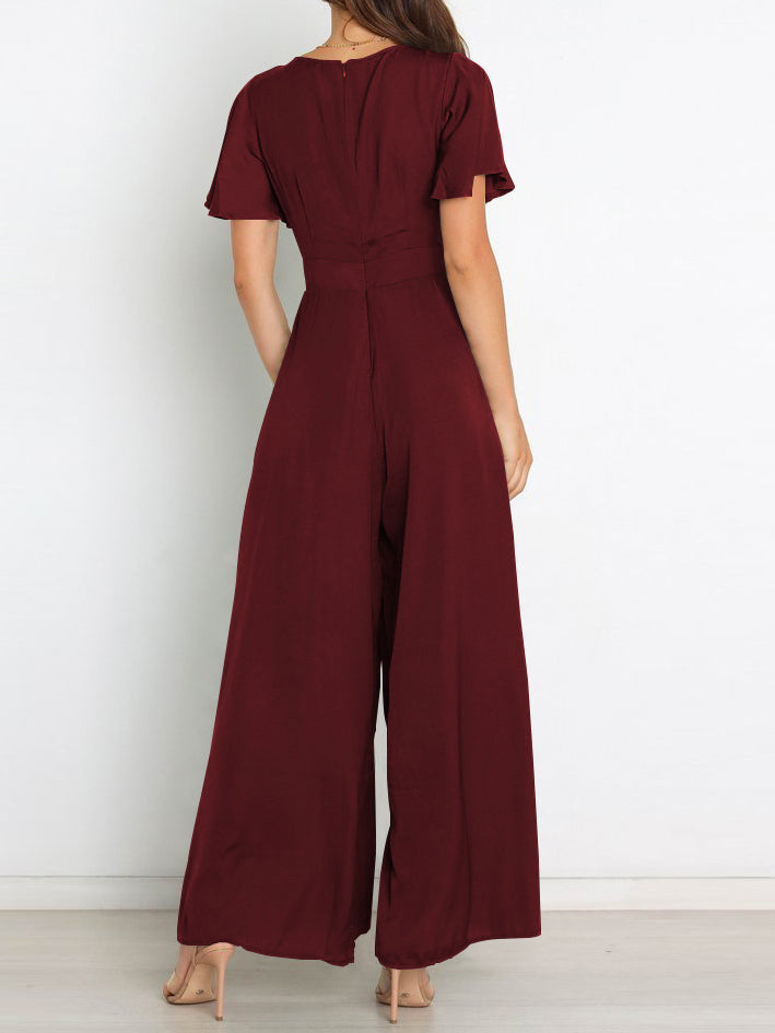 Fashion Plain Ruffle Sleeve Jumpsuit