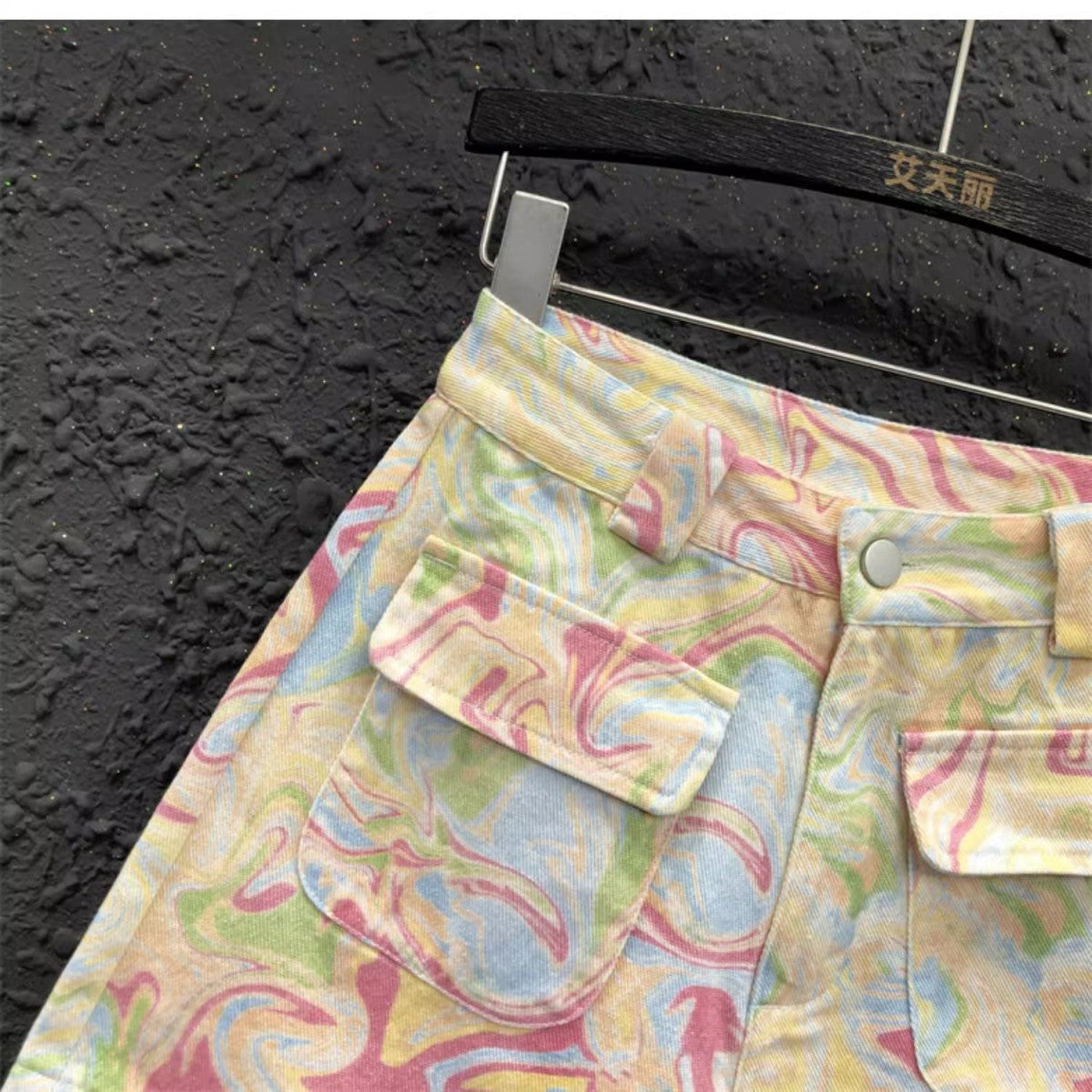 Taking a Shine Marble Print Flap Pocket Shorts