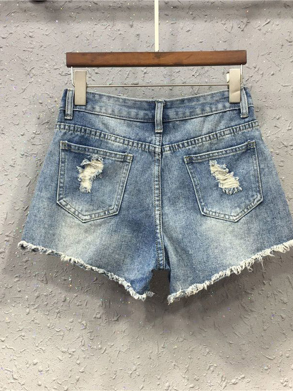 Kick It Pearls Beaded Detail Ripped Raw Hem Denim Shorts