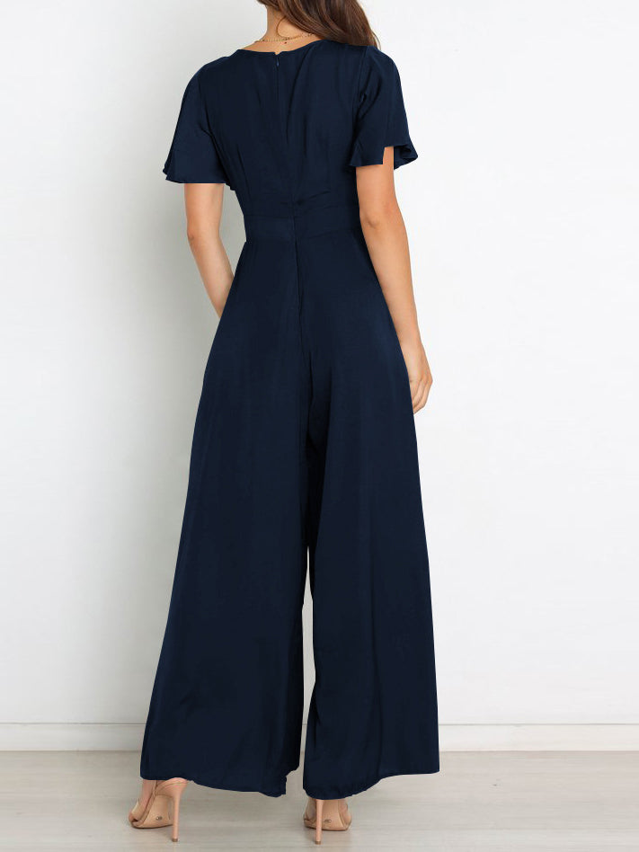 Fashion Plain Ruffle Sleeve Jumpsuit