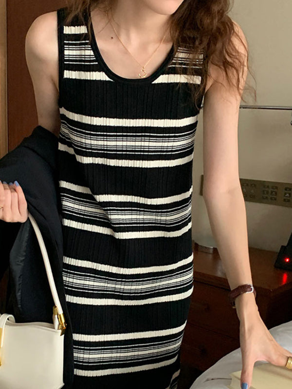 New Crew Neck Striped Sleeveless Dress