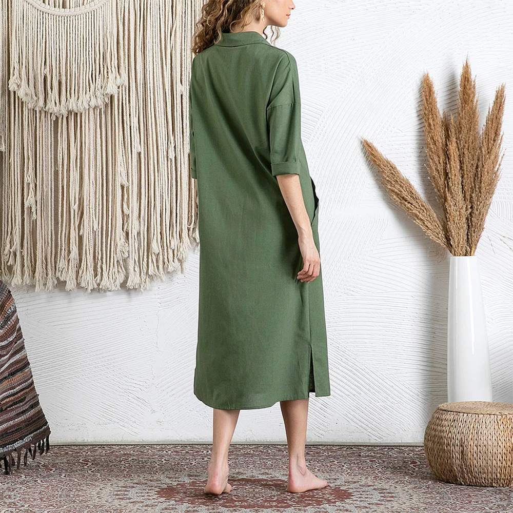 Casual Lapel Pocket Solid Color Split Shirt Dress