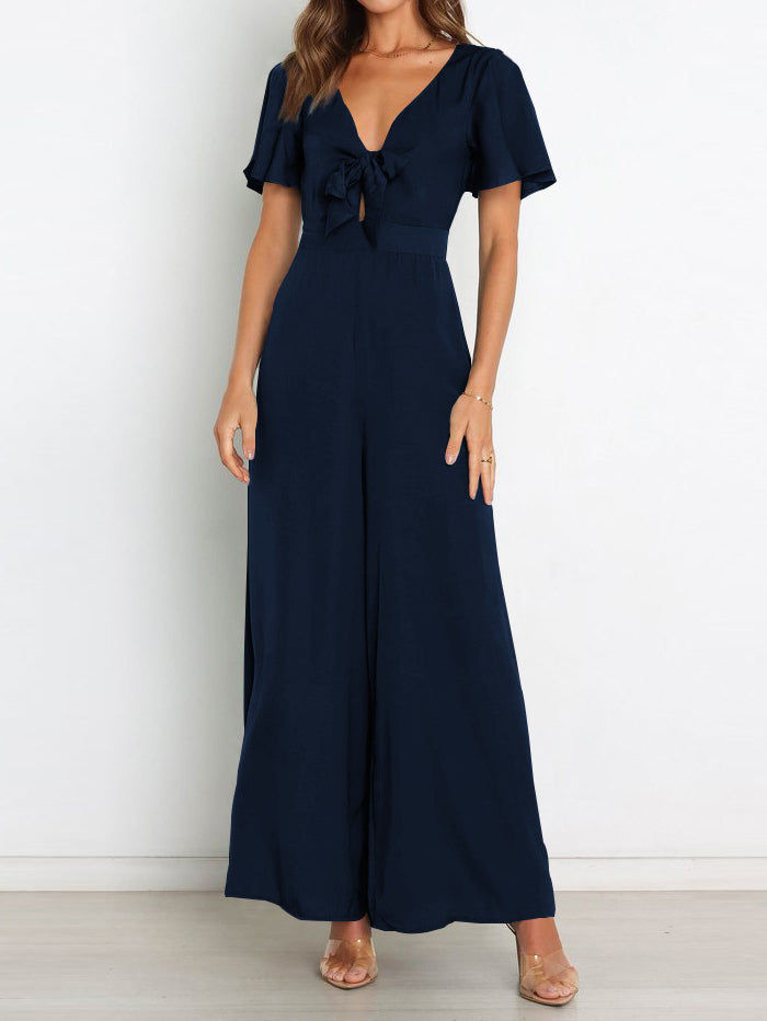 Fashion Plain Ruffle Sleeve Jumpsuit