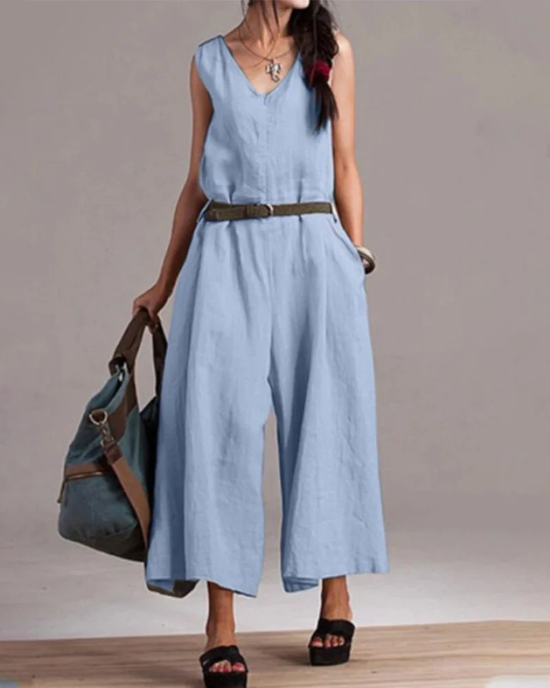 Women's Sleeveless V-Neck Cotton Linen Jumpsuit