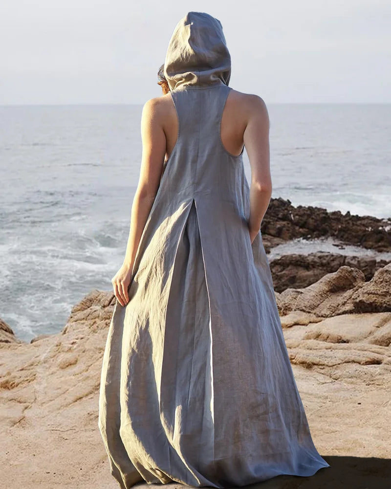 knee length dresses for ladies Linen Hoodie Sleeveless Kaftan Dress – jialoe