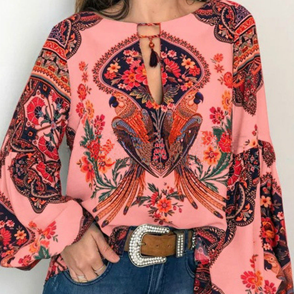 Printed Round Neck Balloon Sleeve Top