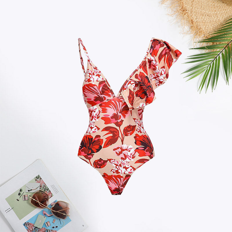 Such Sophistication Floral Print Ruffle Trim Swimsuit