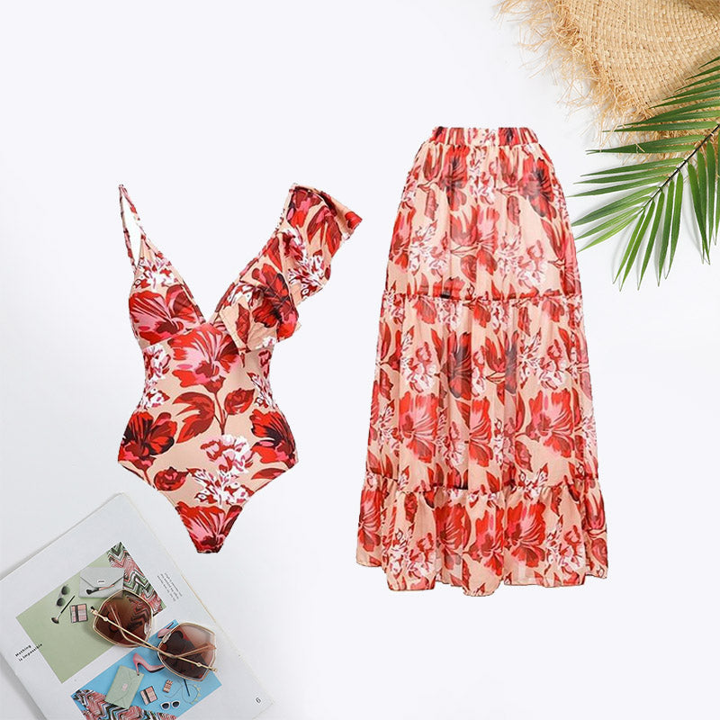 Such Sophistication Floral Print Ruffle Trim Swimsuit