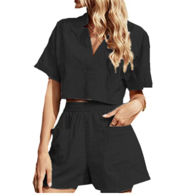 V-neck Solid Color Drop Shoulder Suit