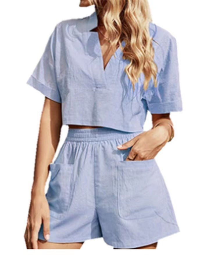 V-neck Solid Color Drop Shoulder Suit