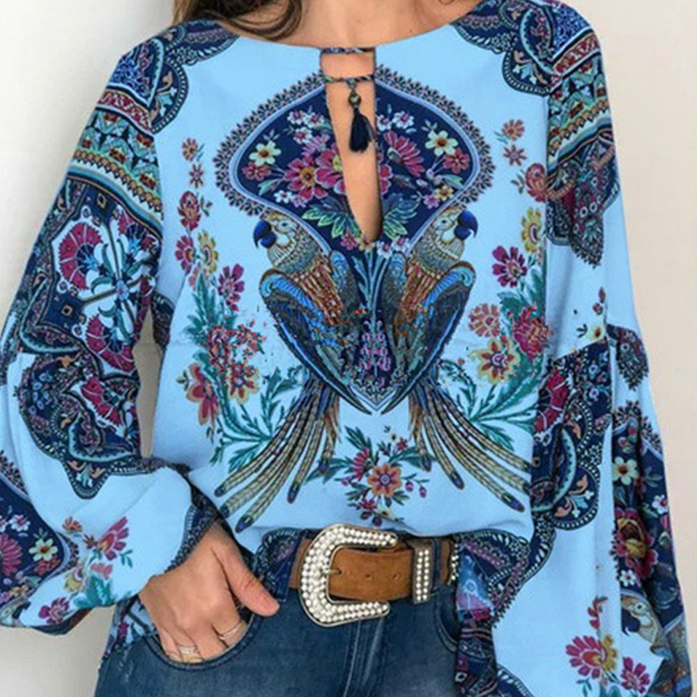 Printed Round Neck Balloon Sleeve Top