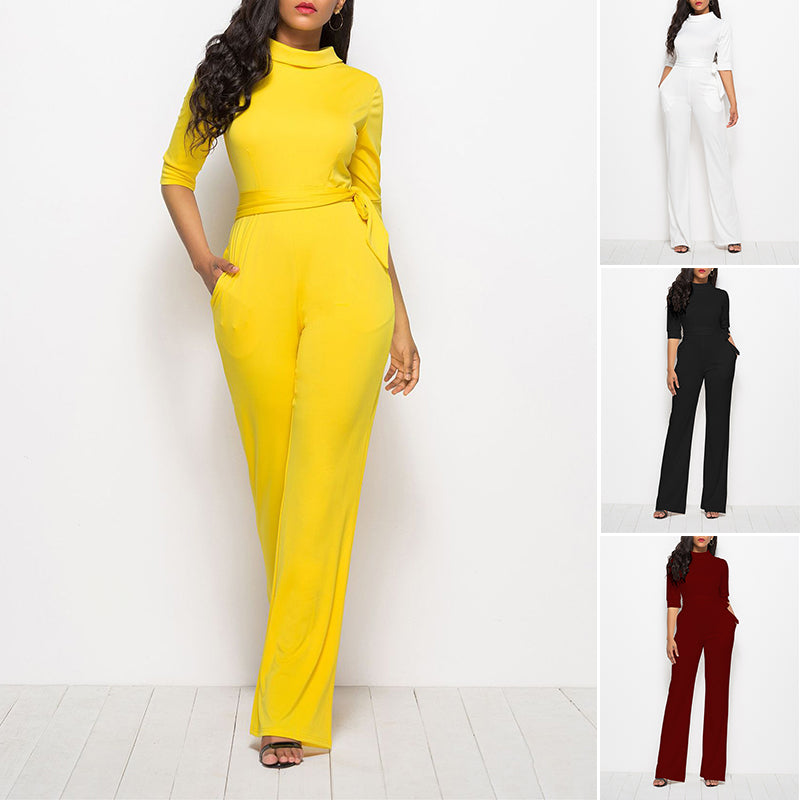 New Solid Color Five-point Sleeve Crew Neck Jumpsuit