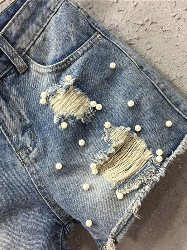 Kick It Pearls Beaded Detail Ripped Raw Hem Denim Shorts