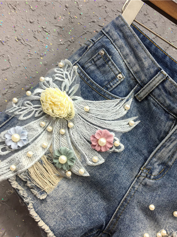 Kick It Pearls Beaded Detail Ripped Raw Hem Denim Shorts