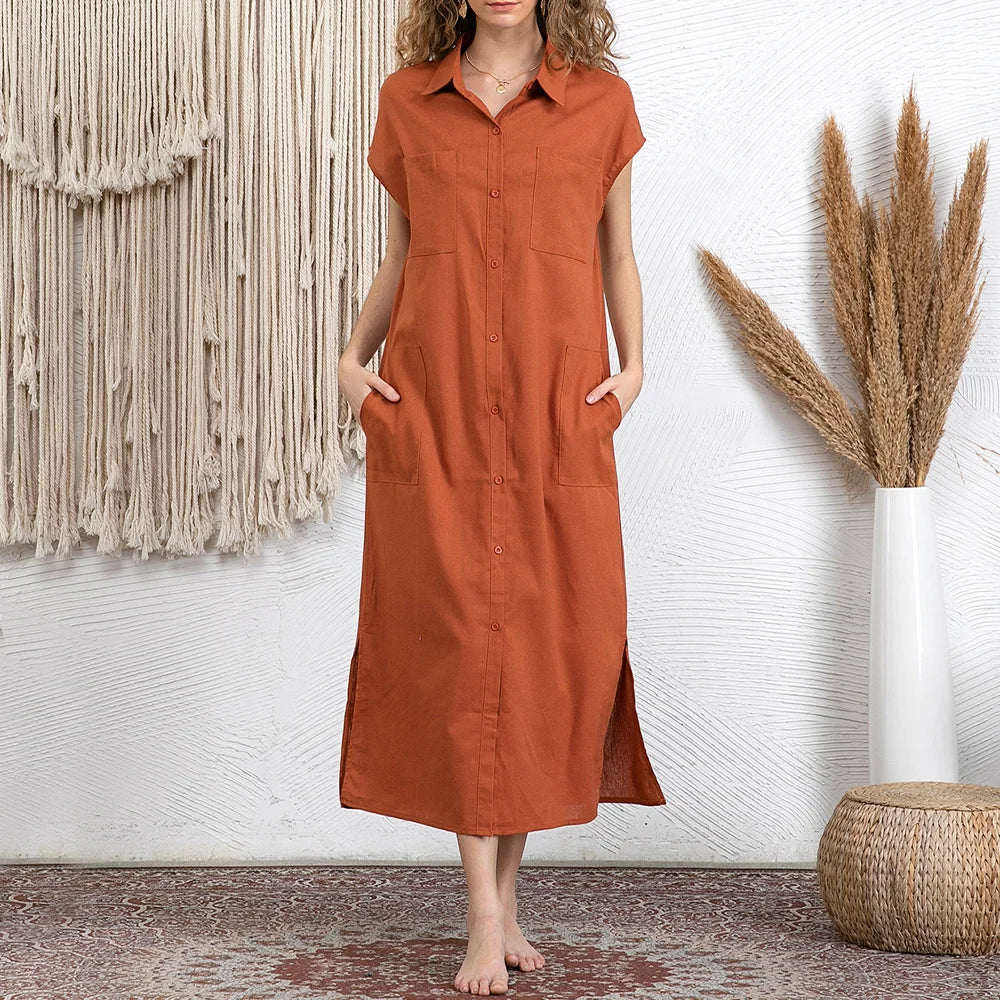 Casual Lapel Pocket Solid Color Split Shirt Dress