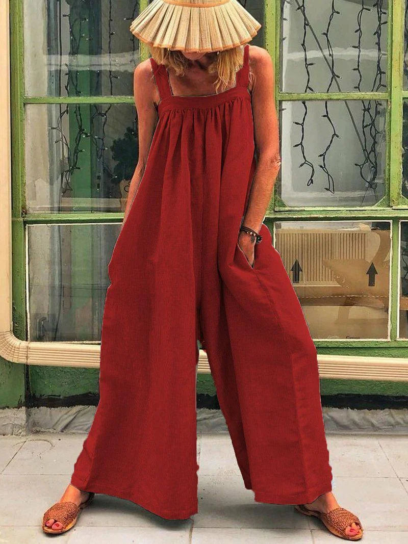 Fashion Suspenders Solid Color Jumpsuit