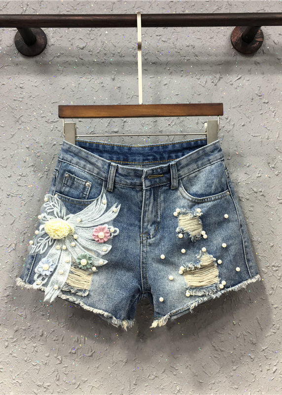 Kick It Pearls Beaded Detail Ripped Raw Hem Denim Shorts