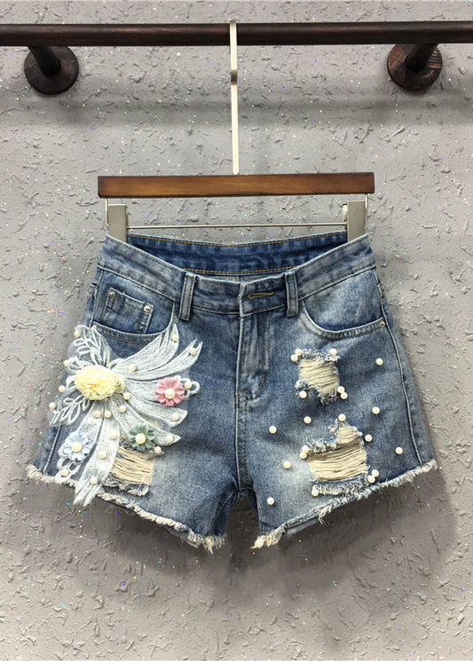 Kick It Pearls Beaded Detail Ripped Raw Hem Denim Shorts