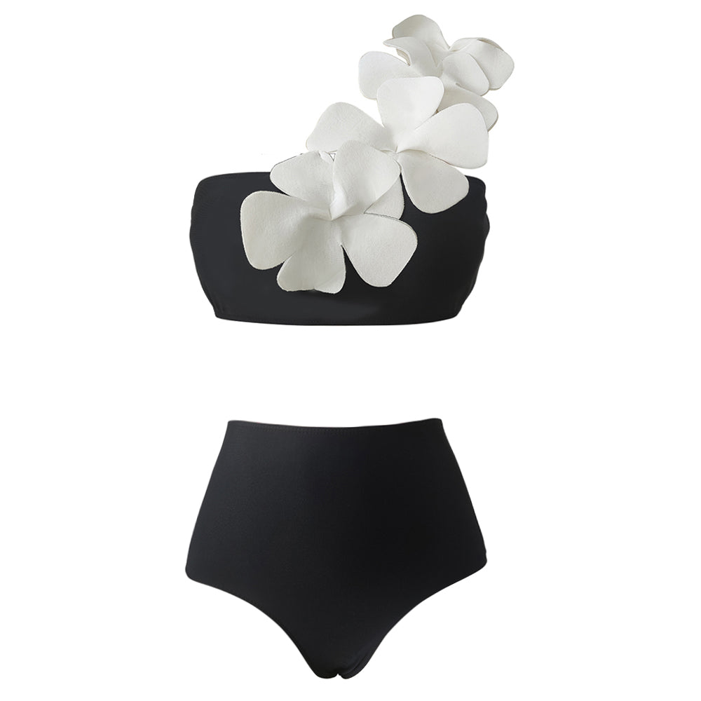 One Shoulder 3D Flower Black Bikini Swimsuit and Skirt